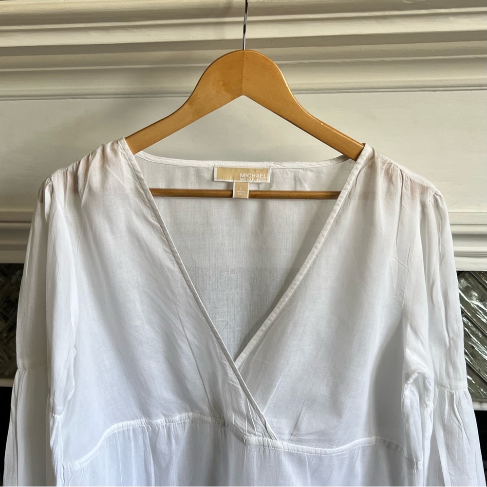 NWOT MICHAEL Michael Kors CRISP WHITE Embroidered LACE V-NECK Cotton BLOUSE L - Picture 6 of 17